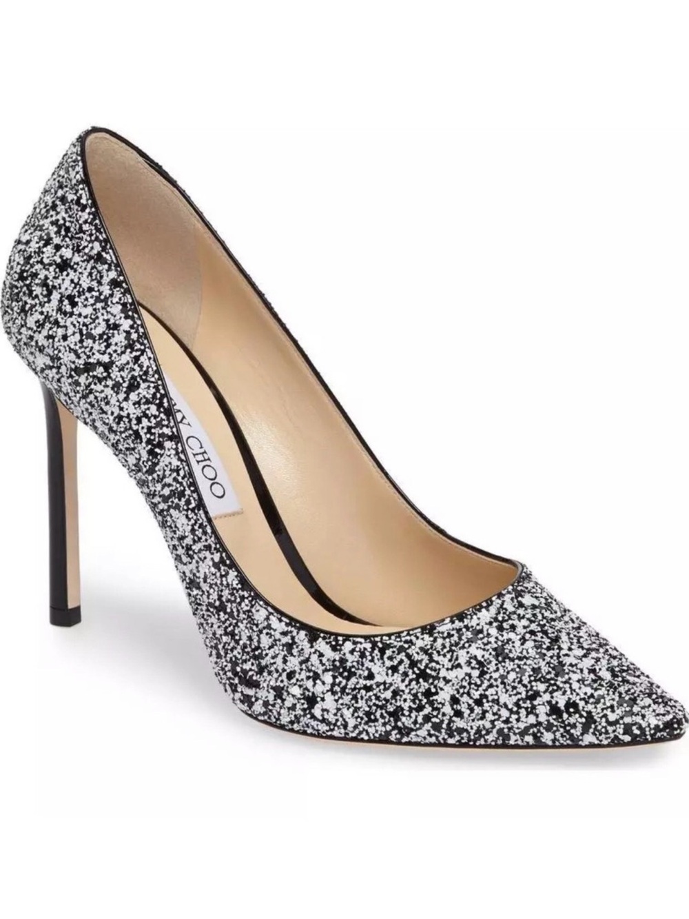 Jimmy Choo Authentic Romy 100 HGF Black/White Dotted Coarse Glitter Pointy Heels